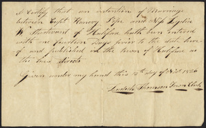 Marriage Intention of Henry Pope and Lydia W. Sturtevant, 1826