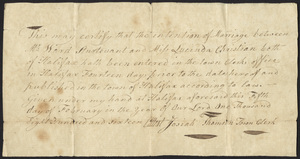 Marriage Intention of Ward Sturtevant and Lucinda Christian, 1816