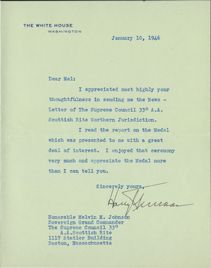 Letter from President Harry S. Truman to Melvin M. Johnson, 1946 January 10