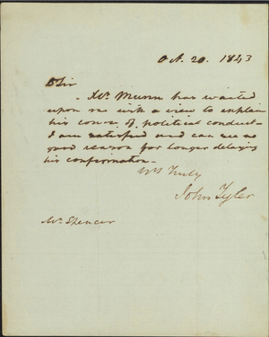 Letter from President John Tyler to Mr. Spencer, 1843 October 20