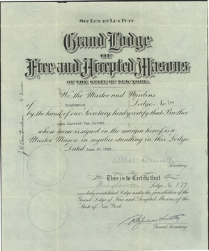 Master Mason certificate for John Hanford Van Gorden