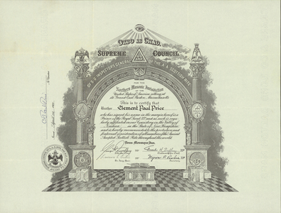 32° traveling certificate issued by the Valley of Nashua to Clement Paul Price, 1967 April 24