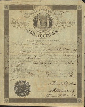Traveling certificate issued by Mercantile Lodge, No. 47, to Asher Paynton, 1845 July 5