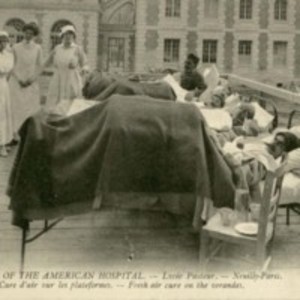 American Ambulance Hospital Picture Postcards: "The Morning Rounds", "Wounded Awaiting their Turn for Dressing", and "Fresh Air Cure on the Verandas."