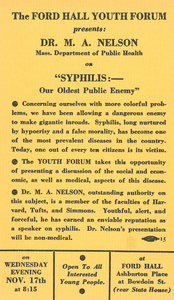 Ford Hall Youth Forum program advertising "Syphilis: Our Oldest Public Enemy," undated