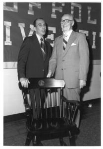 Suffolk University Professor Donald Unger (CAS) with President Thomas A. Fulham (1970-1979) at the 1978 Dean's Reception