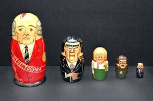 Matryoshka nesting dolls depicting Russian leaders Mikhail Gorbachev, Leonid Brezhnev, Nikita Khrushchev, Joseph Stalin, and Vladimir Lenin.