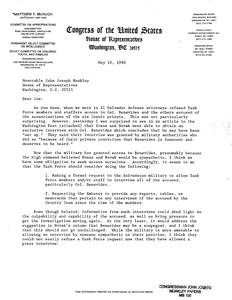 Letter to John Joseph Moakley from Matthew F. McHugh suggesting that the Task Force on El Salvador request permission from the Salvadoran government to interview all of the individuals accused of the Jesuit murders, 10 May 1990
