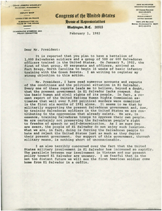 Letter to President Ronald Reagan from Congressman John Joseph Moakley about Moakley's objection to the training of Salvadoran troops by the United States military