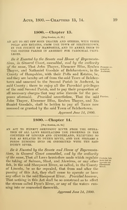 1800 Chap. 0014 An Act To Exempt Sheepscot River From The Operation Of All Laws Regulating The Fisheries In The Counties Of Lincoln And Cumberland, Excepting So Far As Relates To Dyer's River, And The Streams & Ponds Running Into Or Connected With The Said Dyer's River.