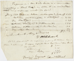 Edward Hitchcock receipt for travel expenses to New London 1850 May 11