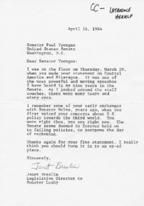 Letter from Janet Breslin to Senator Paul Tsongas