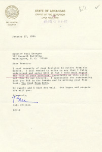 Letter from Governor Bill Clinton to Senator Paul Tsongas