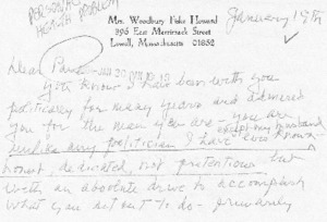 Letter from Mrs. Woodbury Fiske Howard to Paul Tsongas