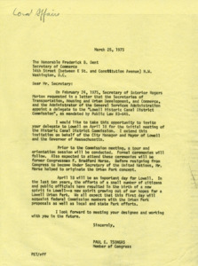 Letter to Frederick B. Dent from Paul Tsongas regarding appointing a delegate to the "Lowell Historic Canal District Commission"