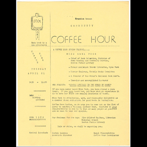 Flier advertising Freedom House Coffee Hour featuring Edna Peck of the Boston Public Library