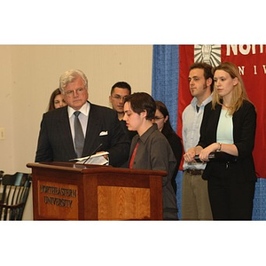 Senator Edward M. Kennedy listens to student testimony denouncing proposed financial aid cuts