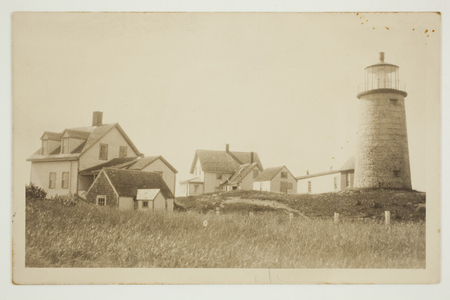 Postcard, Monhegan Island Lighthouse and buildings, Monhegan Island, Maine