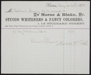 Billhead for Morse & Blake, Dr., stucco whiteners & fancy colorers, 1 1/2 Stoddard Street, Boston, Mass., dated August 24, 1875
