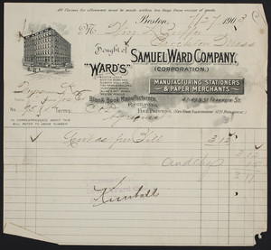 Billhead for the Samuel Ward Company, manufacturing stationers & paper merchants, 47-49 & 51 Franklin Street, Boston, Mass., dated July 27, 1903