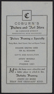 Envelope for Coburn's Picture and Art Store, picture framing, 62 Hanover Street, Manchester, New Hampshire, undated