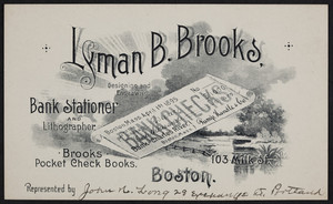 Trade card for Lyman B. Brooks, bank stationer and lithographer, 103 Milk Street, Boston, Mass., undated