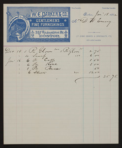 Billhead for W.E. Parker & Co., gentlemens fine furnishings, 357 Washington Street, Boston, Mass., dated January 18, 1882