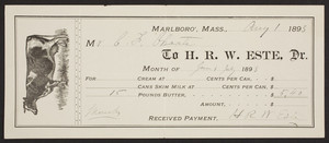Billhead for H.R.W. Este, Dr., cream, skim milk, butter, Marlboro, Mass., dated August 1, 1893