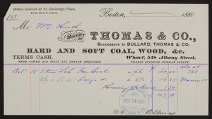 Billhead for Thomas & Co., hard and soft coal, wood, wharf, 548 Albany Street, Boston, Mass., dated October 18, 1880