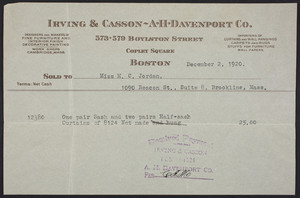 Billhead for Irving & Casson, A.H. Davenport Co., 573-579 Boylston Street, Copley Square, Boston, Mass., dated December 2, 1920