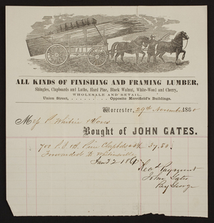 Billhead for John Gates, finishing and framing lumber, Union Street, Worcester, Mass., dated November 29, 1860