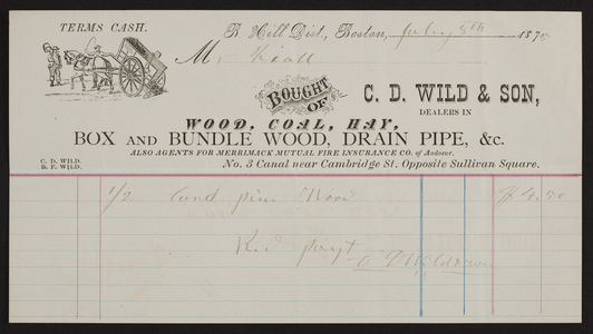 Billhead for C.D. Wild & Son, wood, coal, hay, box and bundle wood, drain pipe, No. 3 Canal, near Cambridge Street, opposite Sullivan Square, Boston, Mass., dated July 8, 1875