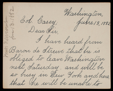 Anita R. Newcomb to Thomas Lincoln Casey, June 13, 1882