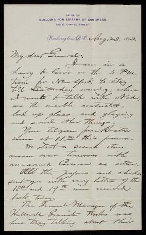 [Bernard. R.] Green to Thomas Lincoln Casey, August 23, 1893