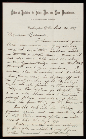 Bernard R. Green To Thomas Lincoln Casey, December 20, 1887 - Digital ...