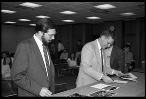 Russell A. Hulse (left) and Joseph H. Taylor: at a press conference at UMass Amherst following receipt of the Nobel Prize in Physics