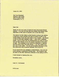 Letter from Mark H. McCormack to the Sheraton Park Hotel