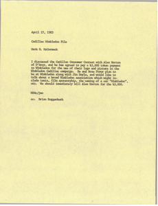 Memorandum from Mark H. McCormack to Cadillac Wimbledon file