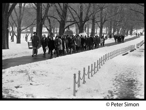 Group of protesters walking along a path in the Boston Common: Resistance antiwar rally