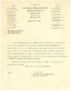 Letter from the National Interdenominational Ministerial Alliance of America, Inc. to W. E. B. Du Bois