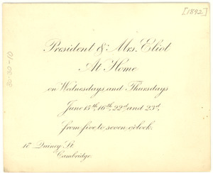Visiting card for President & Mrs. Eliot