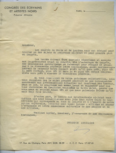 Circular letter from Congrès des Écrivains et Artistes Noirs to W. E. B. Du Bois