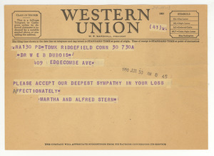 Telegram from Martha and Alfred Stern to W. E. B. Du Bois