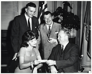 Boston City Councilor Patrick McDonough and Mayor John F. Collins with entertainers Xavier Cugat and Charo