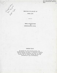 Improving the Quality of Urban Life: Model Neighborhoods in Demonstration Cities