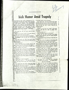 "Irish Humor Amid Tragedy" newspaper clipping