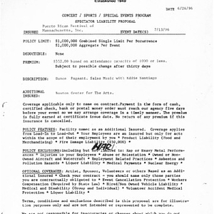 Insurance policy issued by Marvin S. Kalpan Insurance to Puerto Rican Festival of Massachusetts, Inc.