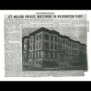 Photocopy of Boston-Roxbury City News article, 1/2 million private investment in Washington Park