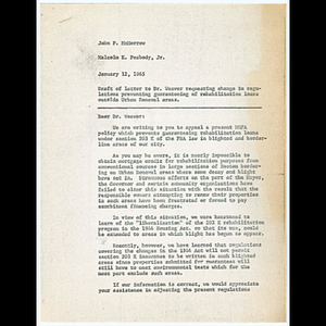Memorandum from Malcolm E. Peabody, Jr. to John P. McMorrow about draft of letter to Dr. Weaver requesting change in regulations and copy of information on Housing Act 1964 and home improvement loans