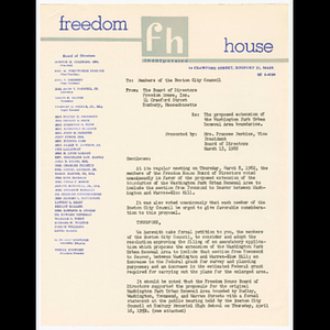 Statement presented by Mrs. Frances Perkins to members of the Boston City Council about proposed extension of the Washington Park urban renewal area boundaries and thoughts of the Board of Directors at Freedom House on March 13, 1962, and excerpt from statement dated April 16, 1959